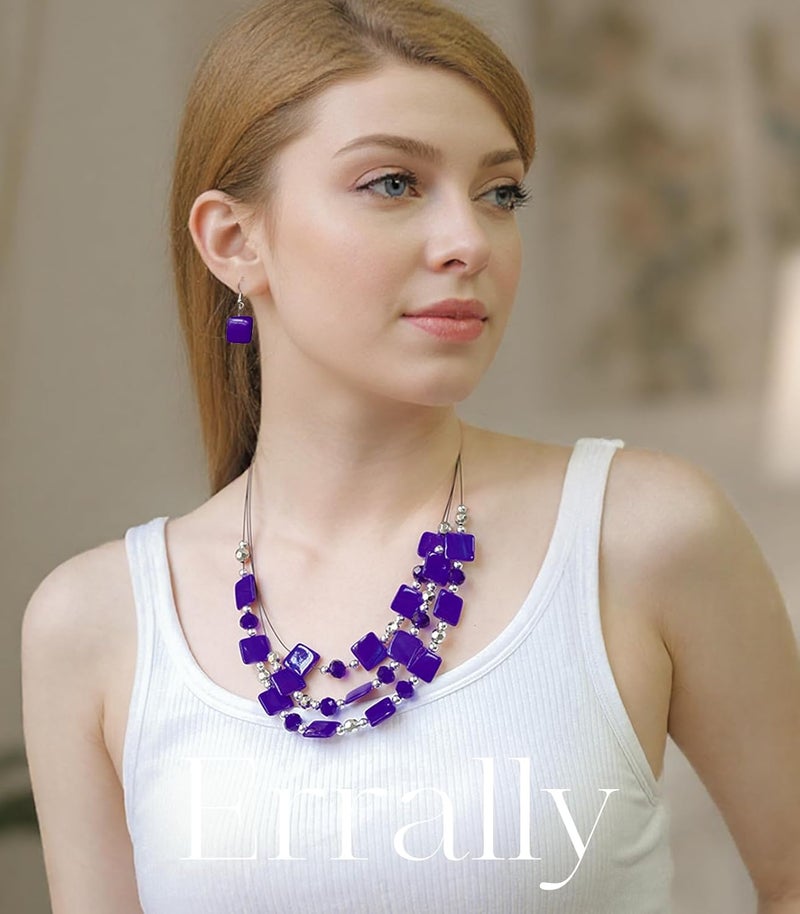 Errally Store Layered Beaded Statement Necklaces for Women Square Shell Bead Collar Necklace and Earring Set Birthday Gifts Boho Jewelry Sets for Women - Image 3